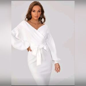 SHEIN Tall S White Wrap Midi Dress Balloon Sleeve Tie Waist Elegant Party Dress